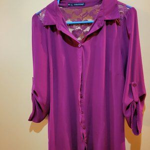 Wine colored button down blouse with lace accent in back